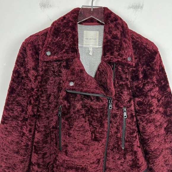 Avec Les Filles Faux Fur Moto Jacket Small Burgundy Full Zip Cozy Winter - Picture 3 of 11